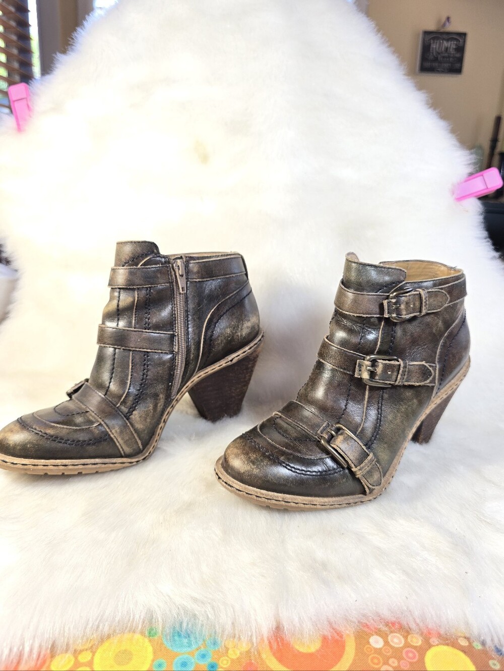 Schuler & Sons Side Zip Triple Buckle Heel Distressed Ankle Boot